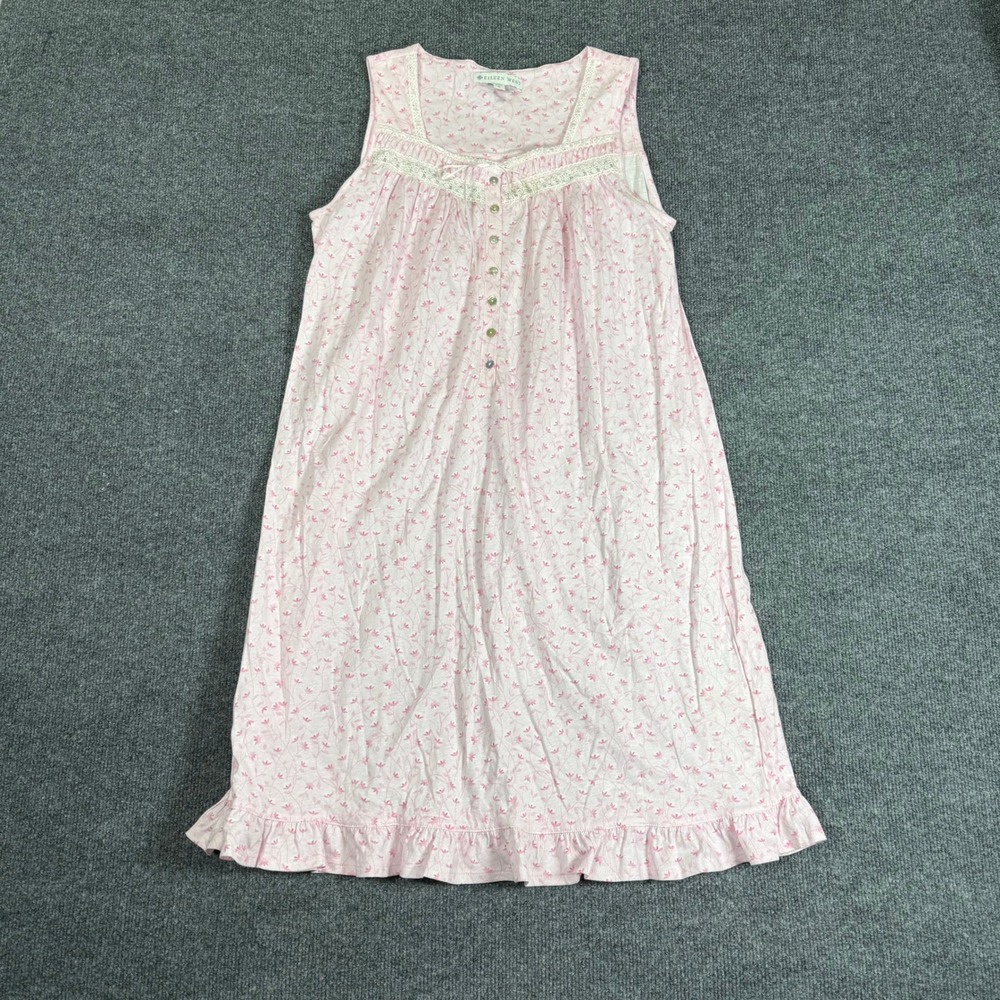 Eileen West Pink Floral Cotton Sleeveless Nightgown Lace Trim Ruffle Hem Size S